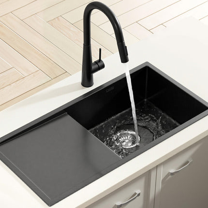 Cefito Stainless Steel Sink 75x45CM With Pull Out Mixer Tap Kitchen Basin Single Bowl Black.