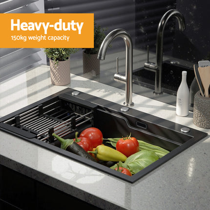 Cefito Kitchen Sink 75X45CM Stainless Steel Basin Single Bowl Drain Part Black.