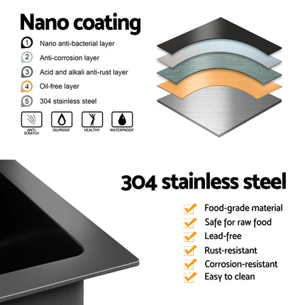 Cefito Kitchen Sink 75X45CM Stainless Steel Basin Single Bowl Drain Part Black.