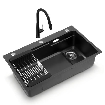 Cefito Stainless Steel Sink 75x45CM With Pull Out Mixer Tap Kitchen Basin Single Bowl Black.