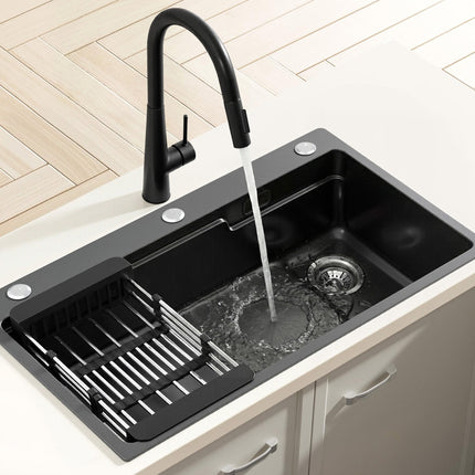 Cefito Stainless Steel Sink 75x45CM With Pull Out Mixer Tap Kitchen Basin Single Bowl Black.