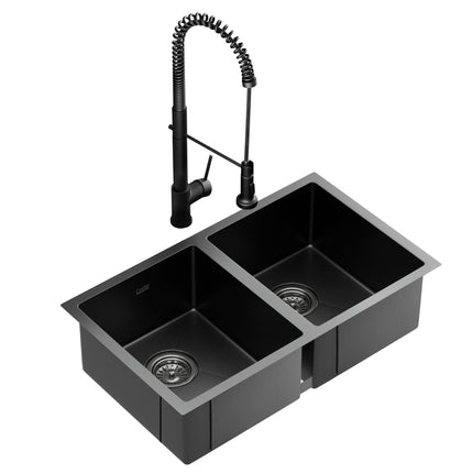 Cefito Stainless Steel Sink 77x45CM With Pull Out Mixer Tap Kitchen Double Bowl Black.