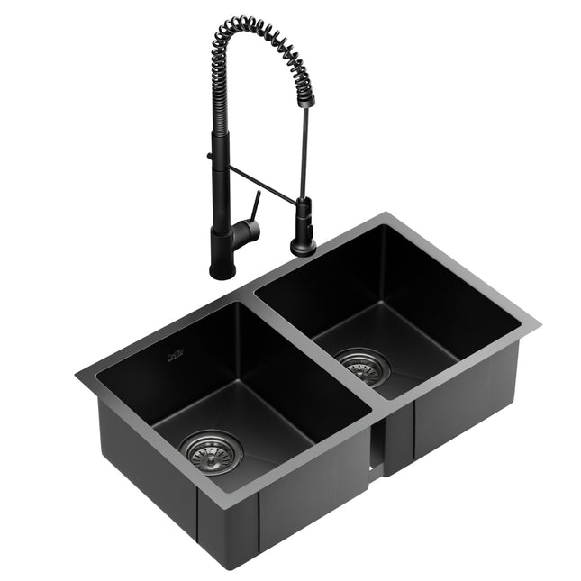 Cefito Stainless Steel Sink 77x45CM With Pull Out Mixer Tap Kitchen Double Bowl Black.