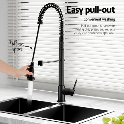 Cefito Stainless Steel Sink 77x45CM With Pull Out Mixer Tap Kitchen Double Bowl Black.