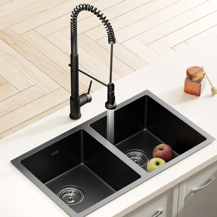 Cefito Stainless Steel Sink 77x45CM With Pull Out Mixer Tap Kitchen Double Bowl Black.