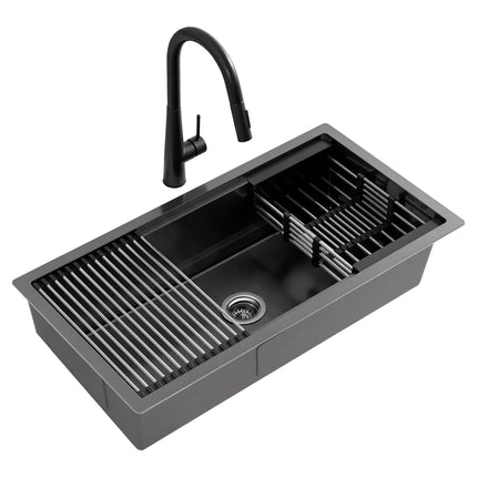 Cefito Stainless Steel Sink 81x45CM With Pull Out Mixer Tap Kitchen Basin Single Bowl Black.