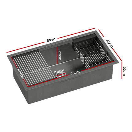 Cefito Stainless Steel Sink 81x45CM With Pull Out Mixer Tap Kitchen Basin Single Bowl Black.
