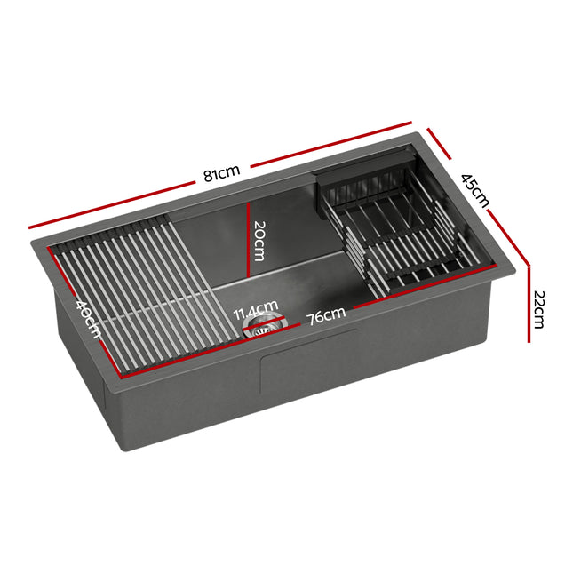 Cefito Stainless Steel Sink 81x45CM With Pull Out Mixer Tap Kitchen Basin Single Bowl Black.