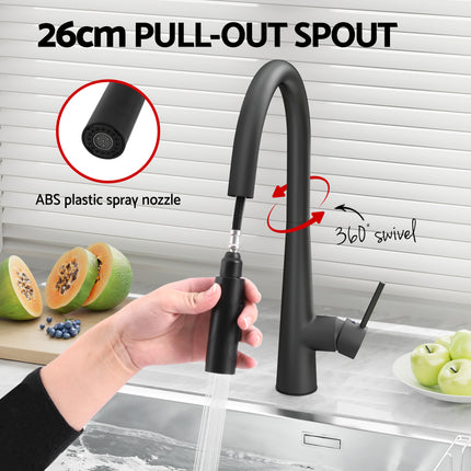 Cefito Stainless Steel Sink 81x45CM With Pull Out Mixer Tap Kitchen Basin Single Bowl Black.