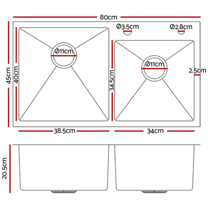 Cefito 80cm x 45cm Stainless Steel Kitchen Sink Flush/Drop-in Mount Silver.