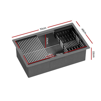 Cefito Kitchen Sink 70X45CM Stainless Steel Single Bowl Drain Rack Basket Black.