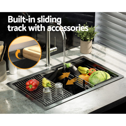 Cefito Kitchen Sink 70X45CM Stainless Steel Single Bowl Drain Rack Basket Black.