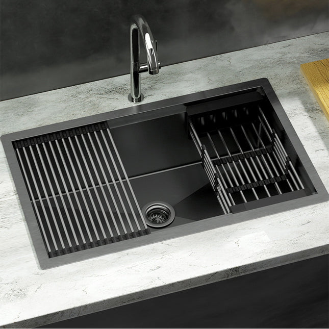 Cefito Kitchen Sink 70X45CM Stainless Steel Single Bowl Drain Rack Basket Black.