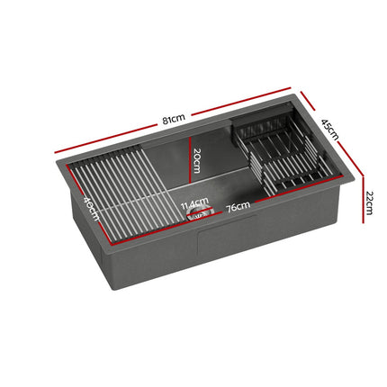 Cefito Kitchen Sink 81X45CM Stainless Steel Single Bowl Drain Rack Basket Black.