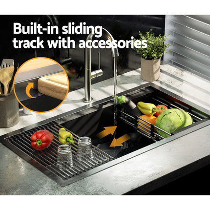Cefito Kitchen Sink 81X45CM Stainless Steel Single Bowl Drain Rack Basket Black.