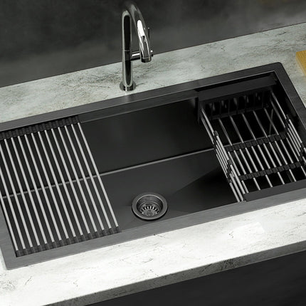 Cefito Kitchen Sink 81X45CM Stainless Steel Single Bowl Drain Rack Basket Black.