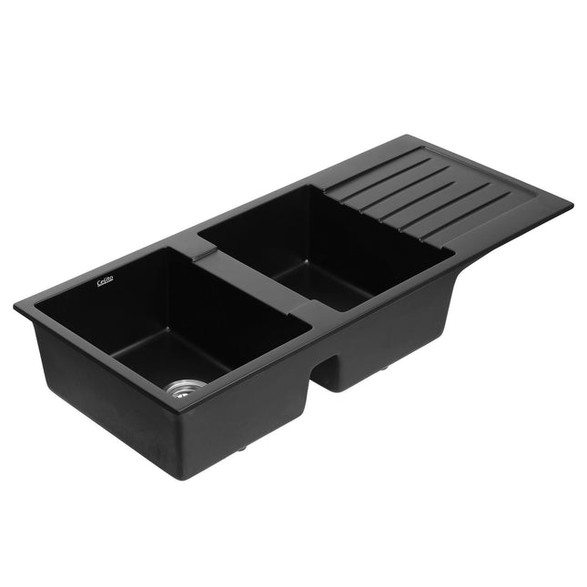 Cefito Kitchen Sink 116x50cm Granite Stone Sink Double Bowl Black.