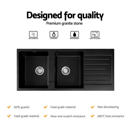 Cefito Kitchen Sink 116x50cm Granite Stone Sink Double Bowl Black.