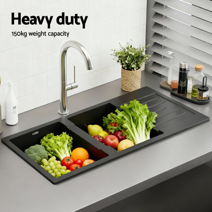 Cefito Kitchen Sink 116x50cm Granite Stone Sink Double Bowl Black.