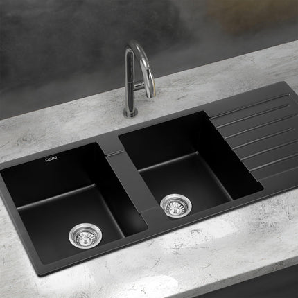 Cefito Kitchen Sink 116x50cm Granite Stone Sink Double Bowl Black.