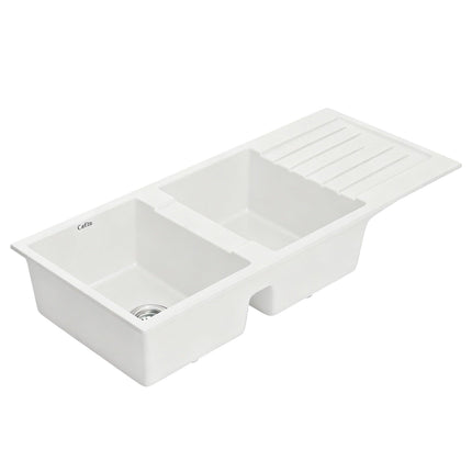Cefito Kitchen Sink 116x50cm Granite Stone Sink Double Bowl White.