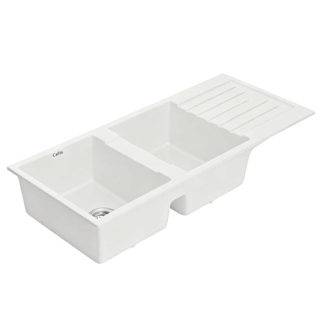 Cefito Kitchen Sink 116x50cm Granite Stone Sink Double Bowl White.