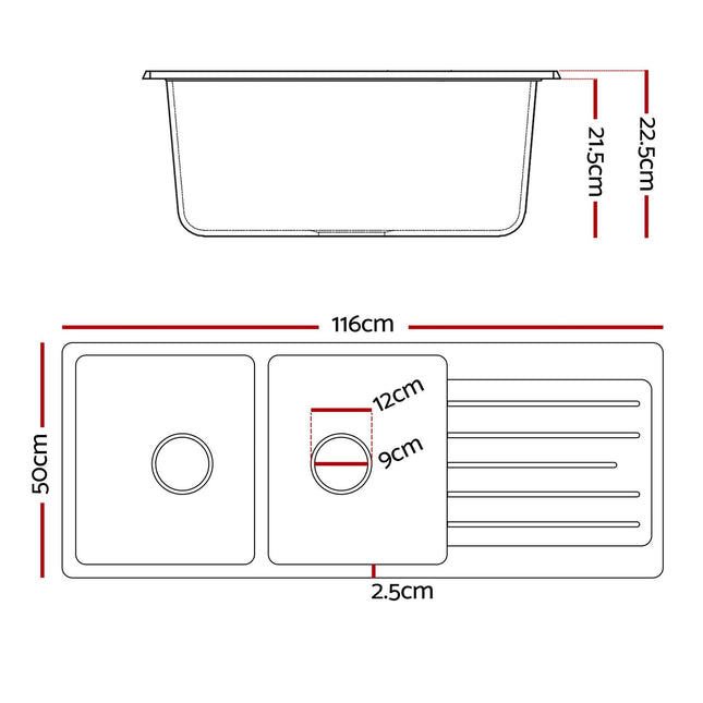 Cefito Kitchen Sink 116x50cm Granite Stone Sink Double Bowl White.