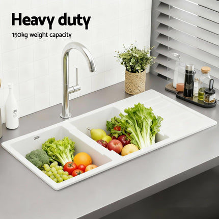 Cefito Kitchen Sink 116x50cm Granite Stone Sink Double Bowl White.