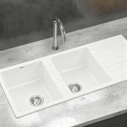 Cefito Kitchen Sink 116x50cm Granite Stone Sink Double Bowl White.