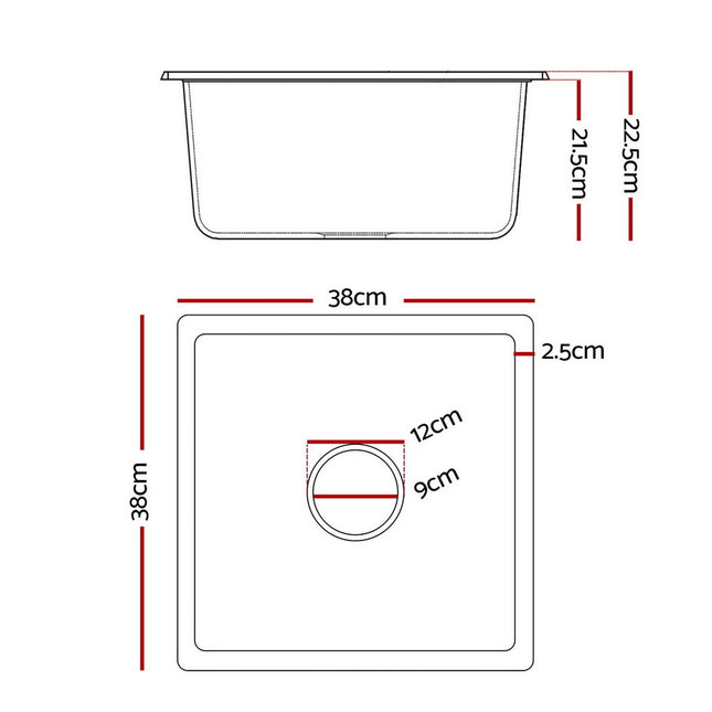 Cefito Kitchen Sink 38x38cm Granite Stone Sink Single Bowl Black.