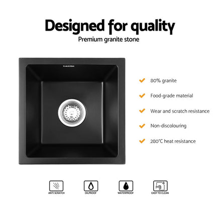 Cefito Kitchen Sink 38x38cm Granite Stone Sink Single Bowl Black.