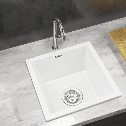 Cefito Kitchen Sink 38x38cm Granite Stone Sink Single Bowl White.