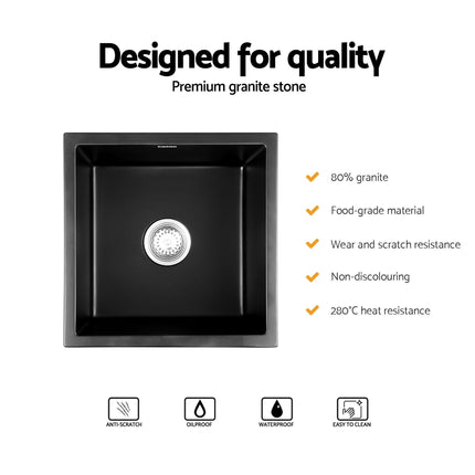 Cefito Kitchen Sink 45x45cm Granite Stone Sink Single Bowl Black.