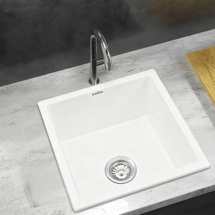 Cefito Kitchen Sink 45x45cm Granite Stone Sink Single Bowl White.