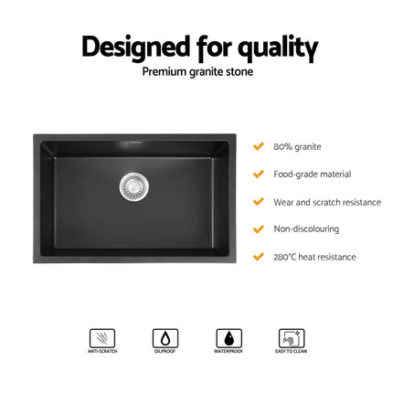 Cefito Kitchen Sink 70x45cm Granite Stone Sink Single Bowl Black.