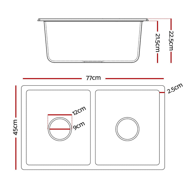 Cefito Kitchen Sink 77x45cm Granite Stone Sink Double Bowl Black.