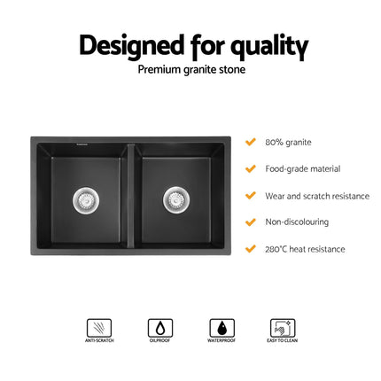 Cefito Kitchen Sink 77x45cm Granite Stone Sink Double Bowl Black.