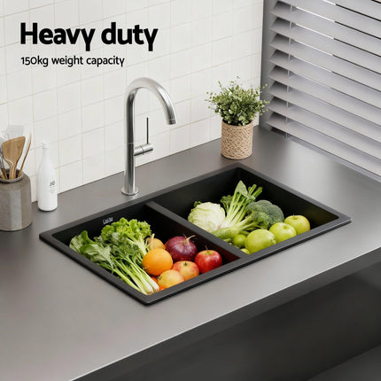 Cefito Kitchen Sink 77x45cm Granite Stone Sink Double Bowl Black.