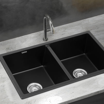 Cefito Kitchen Sink 77x45cm Granite Stone Sink Double Bowl Black.