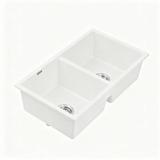 Cefito Kitchen Sink 77x45cm Granite Stone Sink Double Bowl White.