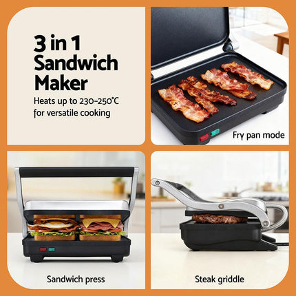 Devanti 3 in 1 Sandwich Maker Steak Press Grill 1000W.
