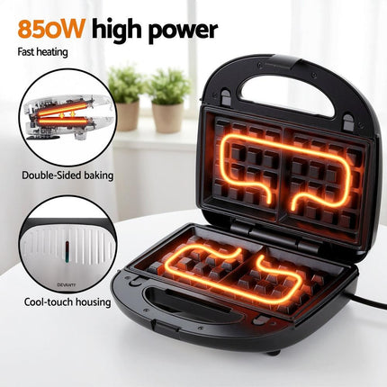 Devanti 3-in-1 Sandwich Press Waffle Maker Panini Press Grill 850W.