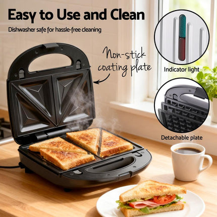 Devanti 3-in-1 Sandwich Press Waffle Maker Panini Press Grill 850W.