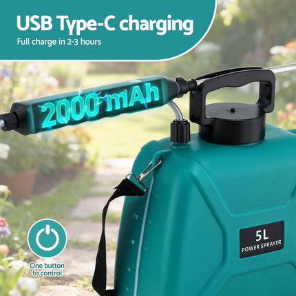 Giantz Weed Sprayer Garden Sprayer USB Charging Electric Shoulder Sprayer 5L.