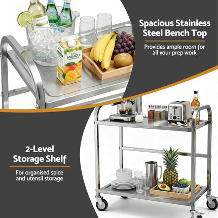 Cefito 2-Tier Stainless Steel Kitchen Trolley with Wheels 84x56x98cm.