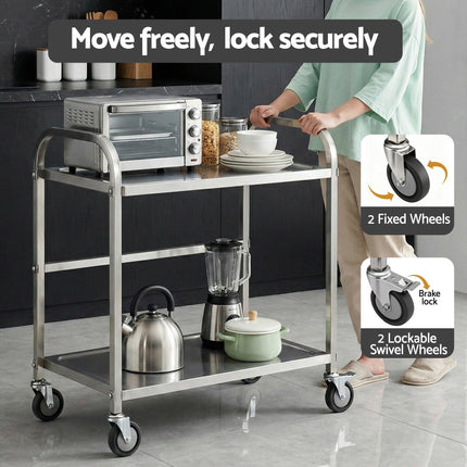 Cefito 2-Tier Stainless Steel Kitchen Trolley with Wheels 84x56x98cm.