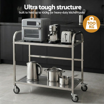 Cefito 2-Tier Stainless Steel Kitchen Trolley with Wheels 84x56x98cm.