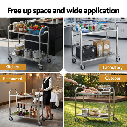 Cefito 2-Tier Stainless Steel Kitchen Trolley with Wheels 84x56x98cm.