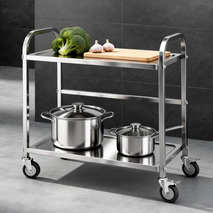 Cefito 2-Tier Stainless Steel Kitchen Trolley with Wheels 84x56x98cm.