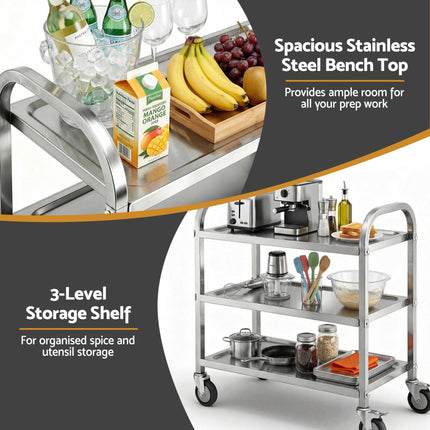 Cefito 3-Tier Stainless Steel Kitchen Trolley with Wheels 89X50X83cm.